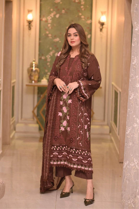 Aneela's 3PC - Lawn Unstitched Embroidered Collection With Chiffon Dupatta - 704