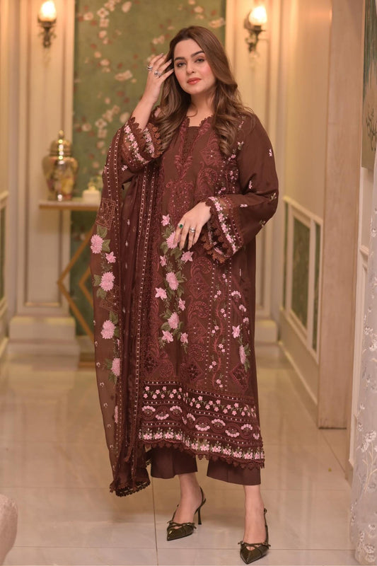 Aneela's 3PC - Lawn Unstitched Embroidered Collection With Chiffon Dupatta - 704